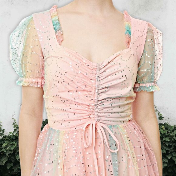 Unique Vintage Fit & Flare Rainbow Mini Dress Sequin Tulle Skirt Swing Plus 3X - Picture 5 of 13